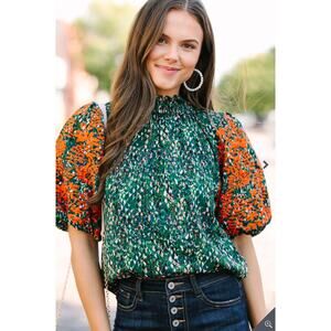 THML Green Abstract Puff Sleeve Blouse Orange Floral Embroidered Boho Top  S